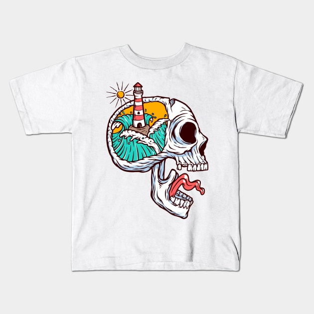 lighthouse and ocean in skull mind Kids T-Shirt by sharukhdesign